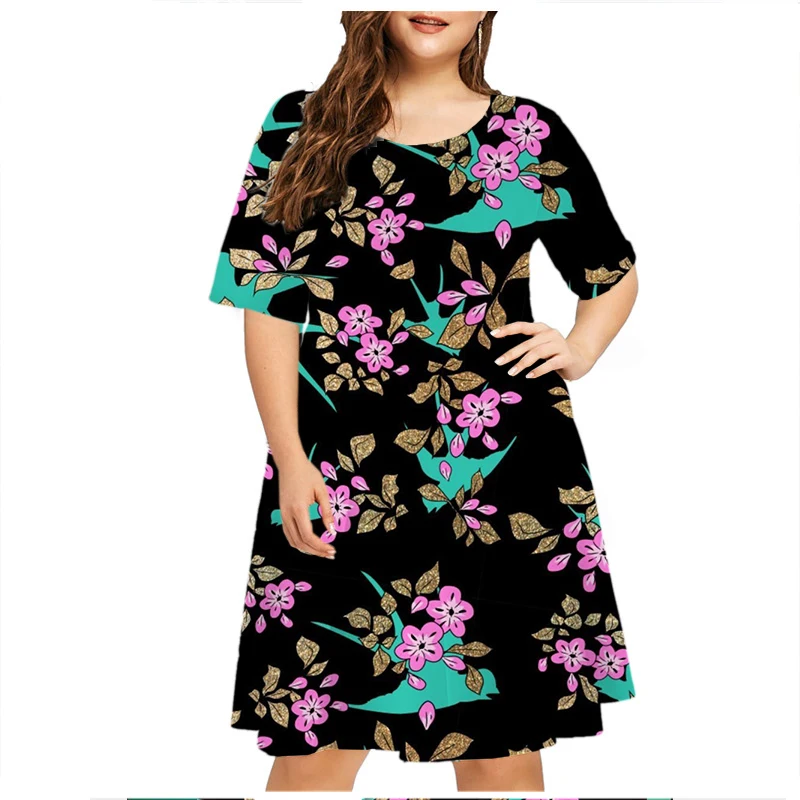 Gradiënt Blauwe Roze Bloemen Print Jurk Vrouwen Elegante Korte Mouw O-hals Party Mini Jurk Losse Plus Size Kleding 6xl Zonnejurk