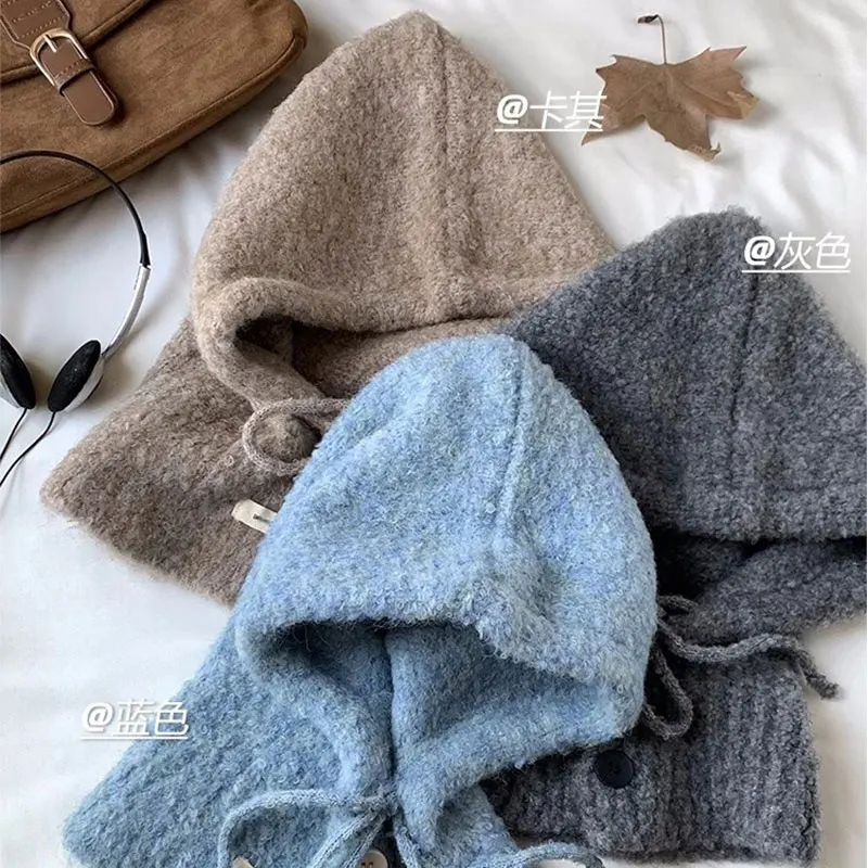 Blue Balaclava Women Autumn and Winter Hat Scarf Integrated Fleece Blended Knitting Warm Earmuff Toque 6