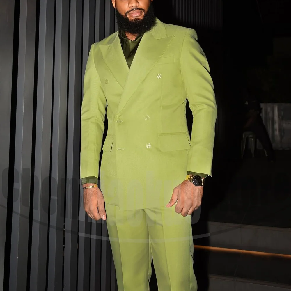 

Men Suits Fluorescent Green Double Breasted Peak Lapel Wear Groom Wedding Party Tuxedos Formal Smart Casual Evening Male Suit