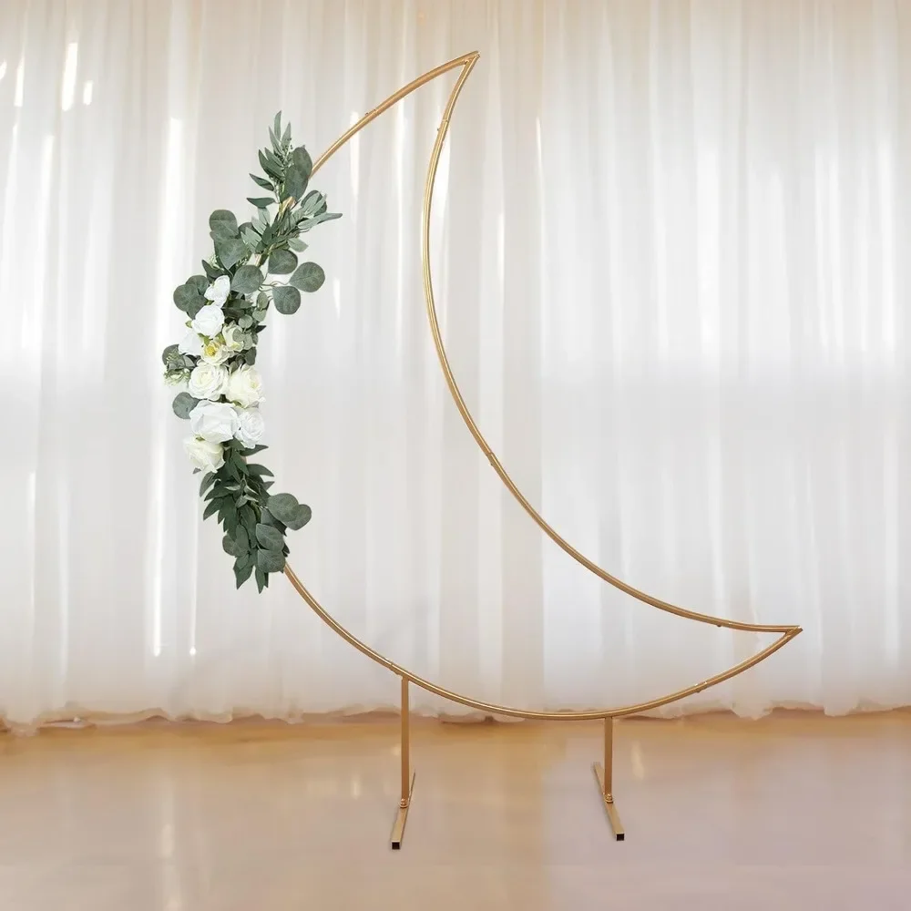 Metal Crescent Moon Wedding Arch Backdrop Stand, Curved Arbor Floral Balloon Frame with Sturdy Base