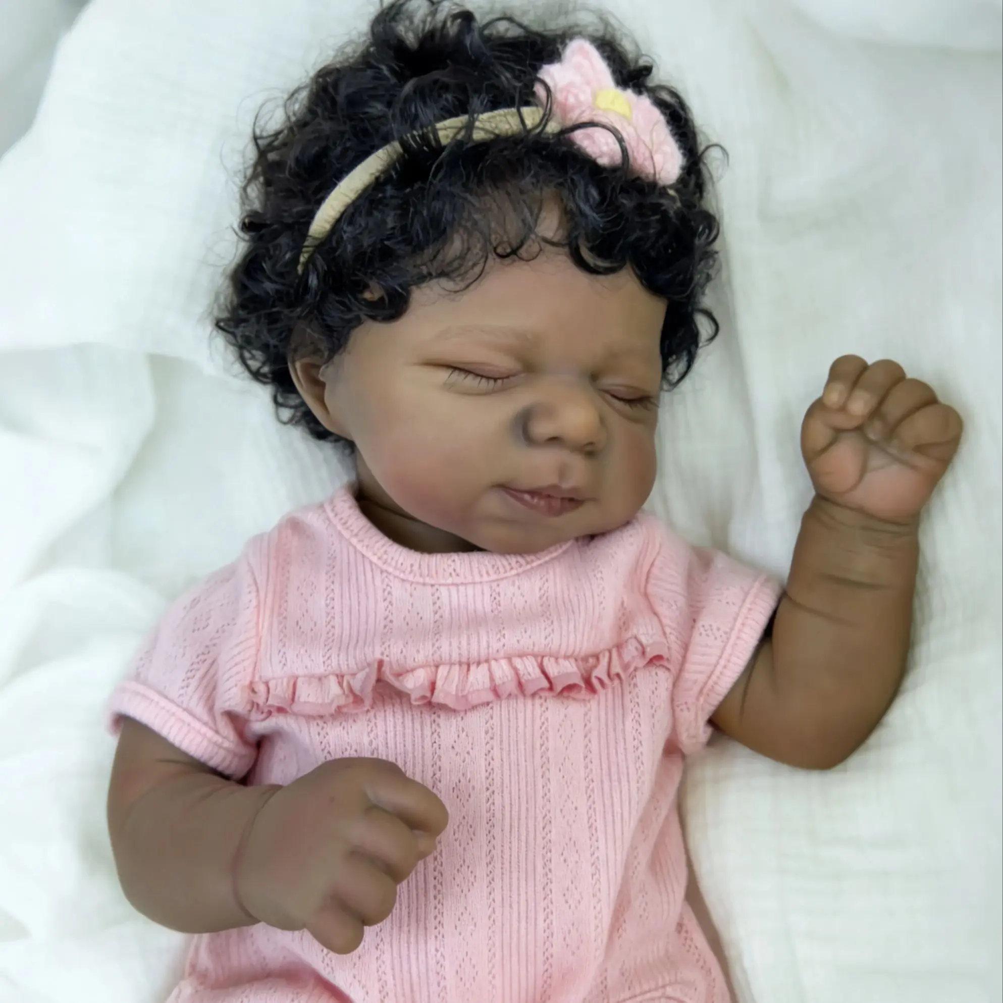 MRB 18 Inch Dark Skin Reborn Baby Doll Pascale African Americans Black Doll Handmade Rooted Curls Hair Soft Cloth Body Doll