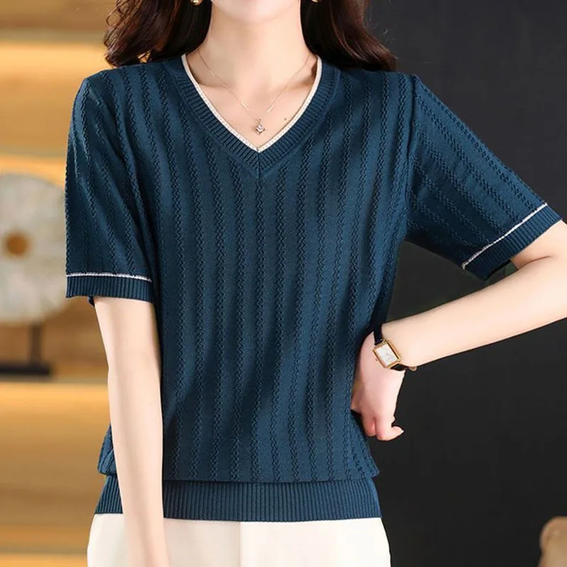 Female Simplicity Commute Short Sleeve Knitted Tops Summer Fashion All-match Solid V-Neck Pullovers T-shirt Women\'s Clothing