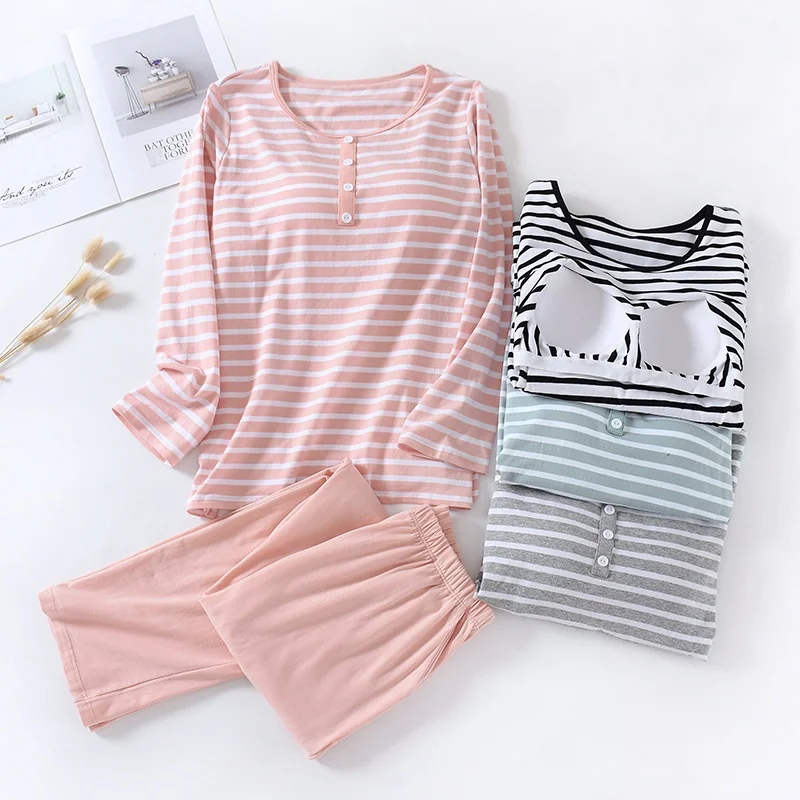 Spring Long Sleeve Trousers Sets Autumn Women's Home Clothes Pijama Feminino With Chest Pad Pajamas Round Neck Pyjama Pour Femme