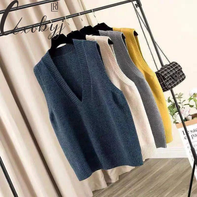 

Vintage Sweater Vest Women Korean Fashion Loose V-Neck Knitted Waistcoat All-Match Casual Sleeveless Knitwear Pullover S-Xl
