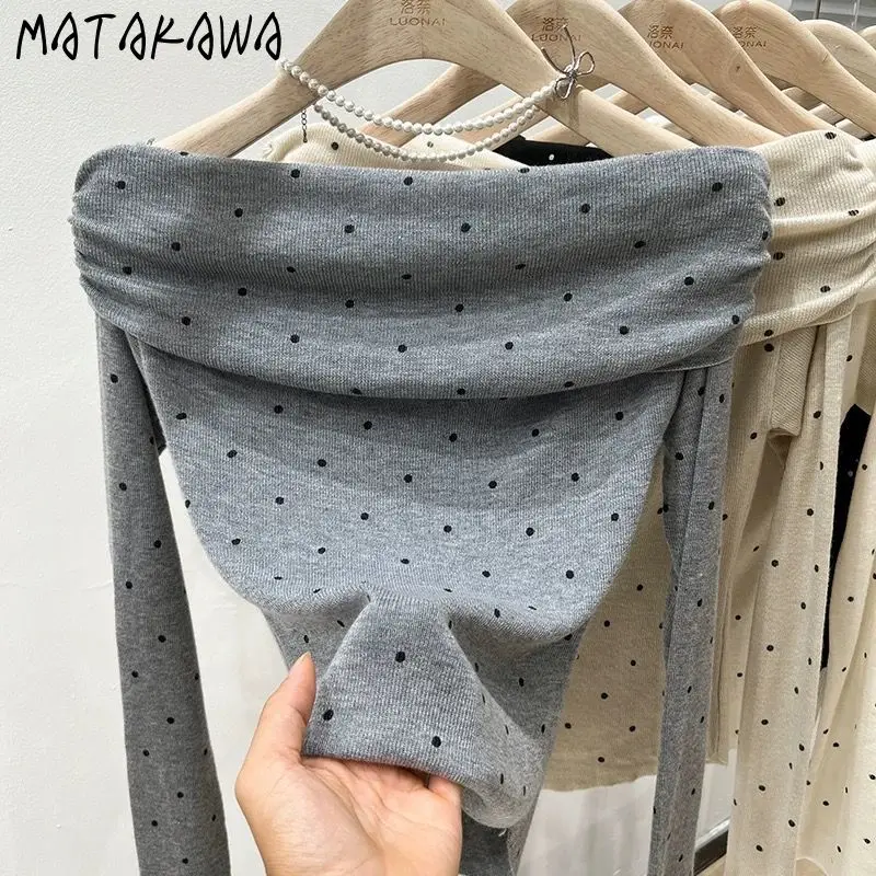 

Matakawa Polka Dot Women Sweaters Slash Neck Autumn Winter Korean Fashion Pullovers Sweet Basics Retro Elegant Pull Femme