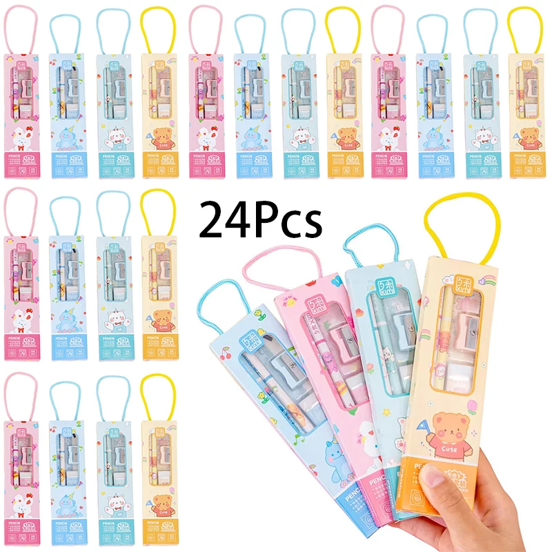 24Sets Cartoon Kunstenaar Potloden Gum Set Drinkbare Tekening Briefpapier Set voor Kinderen Puntenslijper Heerser Schoolbenodigdheden