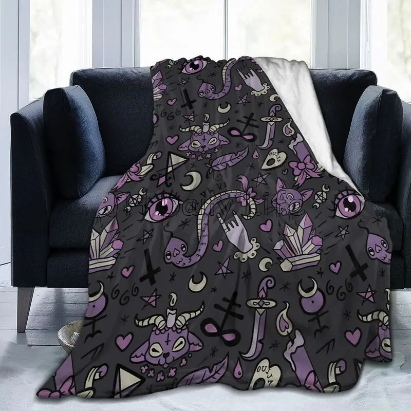 Cute Gray Purple Black Magic Goth Spooky Fleece Blanket Soft Warm Lightweight Cozy Throw Blankets for Couch Sofa Travel Camping