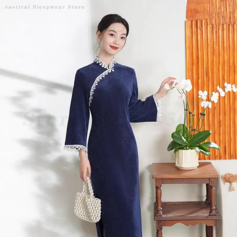 

Осенне-зимнее Cheongsam, элегантное темпераментное вечернее длинное Ципао, восточное улучшенное китайское традиционное платье Cheongsam
