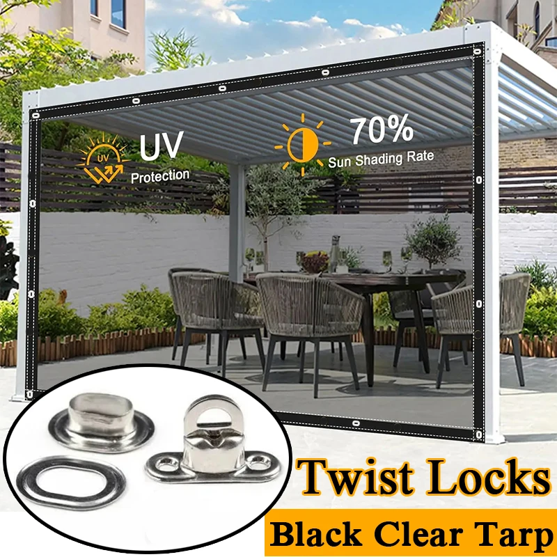 

Thicken 450GSM Black Transparent Tarpaulin Outdoor Pergola Sunproof Tarp Curtain with Twist Locks Detachable Windproof Screen