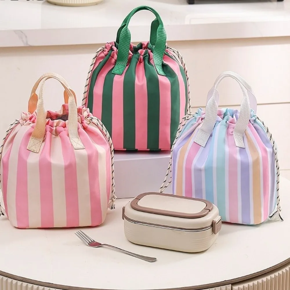Color Block Drawstring Lunch Box Bag Striped Aluminum Foil Liner Picnic Bag Drawstring Adjustable Detachable Shoulder Strap