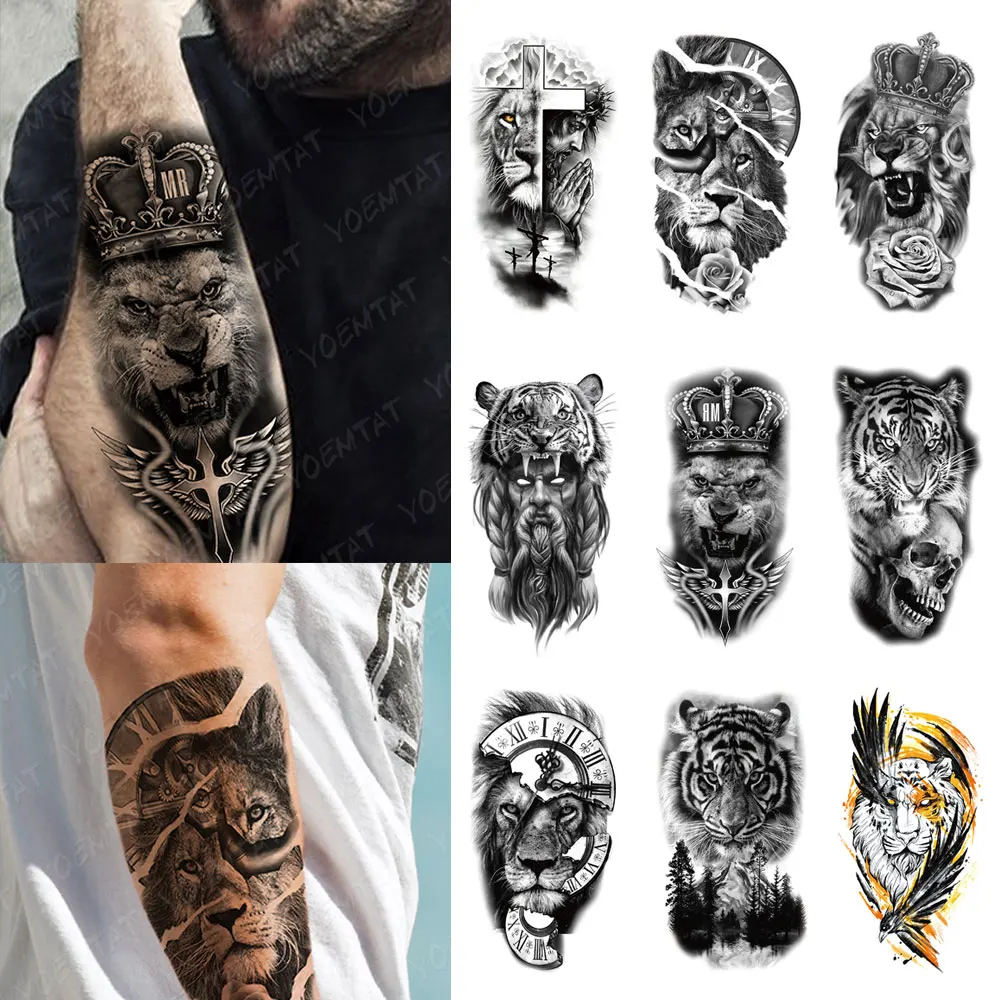 Black Forest Waterproof Temporary Tattoo Stickers For Men And Women, Lion, Tiger, Bear Tattoo Stickers, Wolf Crown Tattoo Sticke