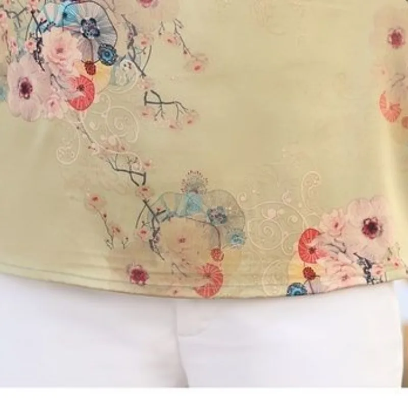 Folk Summer Women's 2024 New Pullover Stand Collar Patchwork Printing Drawstring Comfortable Casual Short Sleeve Blouses Shirts