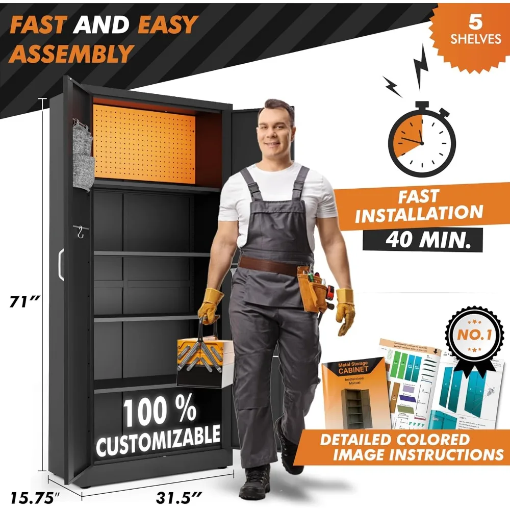 Запирающийся металлический шкаф для гаража с дверцами и полками |   71-дюймовый запираемый шкаф для инструментов |   Металлические шкафы для офиса, дома, школа