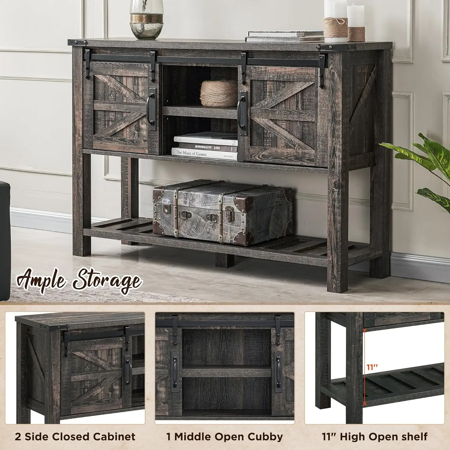 Farmhouse Console Table with Sliding Barn Doors, Rustic Sofa Table, Storage Shelf, Behind Couch, 46"