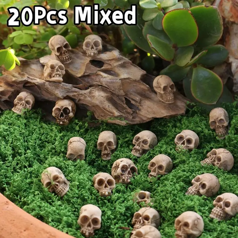 20Pcs Mini Skull Model Collectable Halloween Gothic Skull Sculptures Creative Festival Theme Landscape Garden Potted Plant Decor