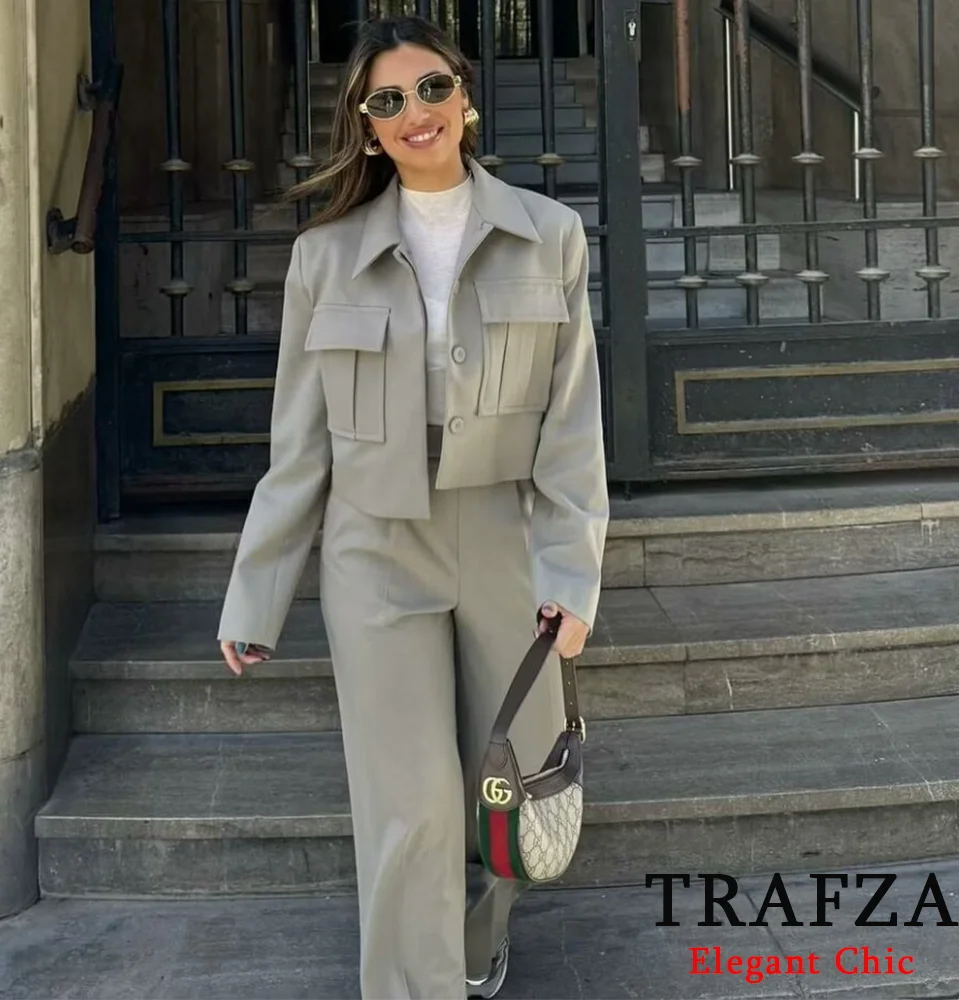 TRAFZA Casual Short Blazer Suit Women\'s Pockets Lapel Jacket with Pants New Spring Fall Outfit Holiday Commuter Blazer Suit