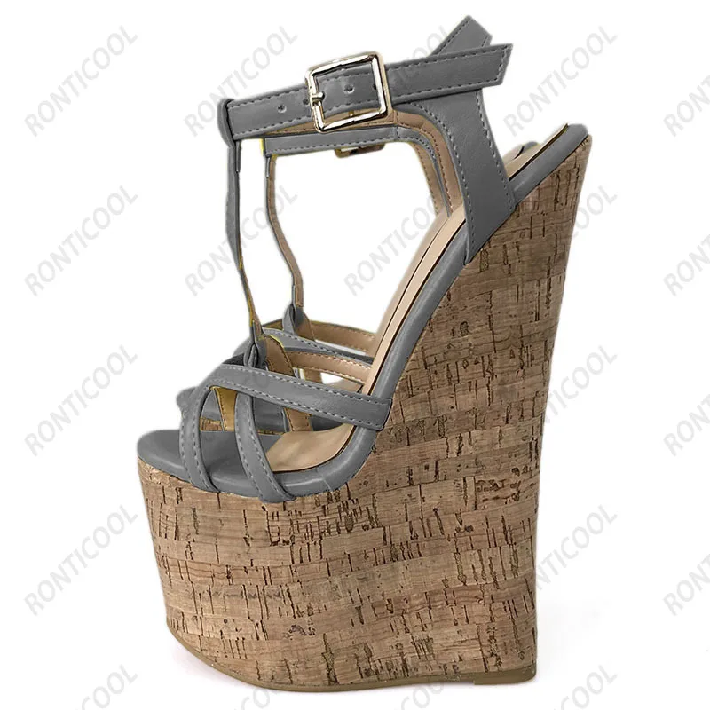 Ronticool Handmade Women T-strap Sandals Ultra High Wedges Heels Round Toe Classics Black Dress Shoes Ladies US Plus Size 5-15