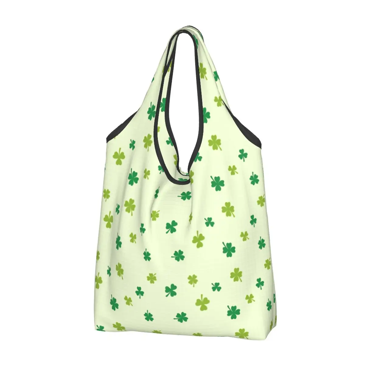 Reusable St Patrick's Day Irish Shamrock Clover Grocery Bags Machine Washable Shopping Bags Large Eco Storage Bag Attached Pouch