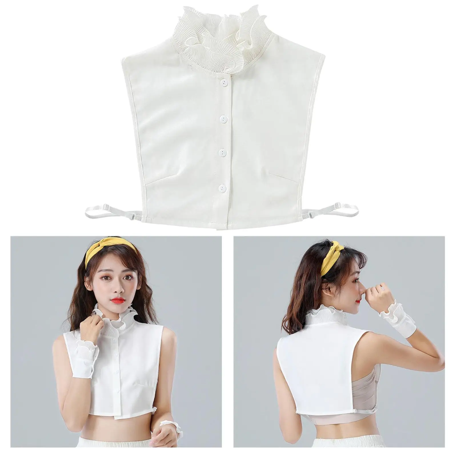 White Ribbed Ruffles Collar Women Detachable Collar Half Shirt Blouse for Sweaters and Collarless Clothes