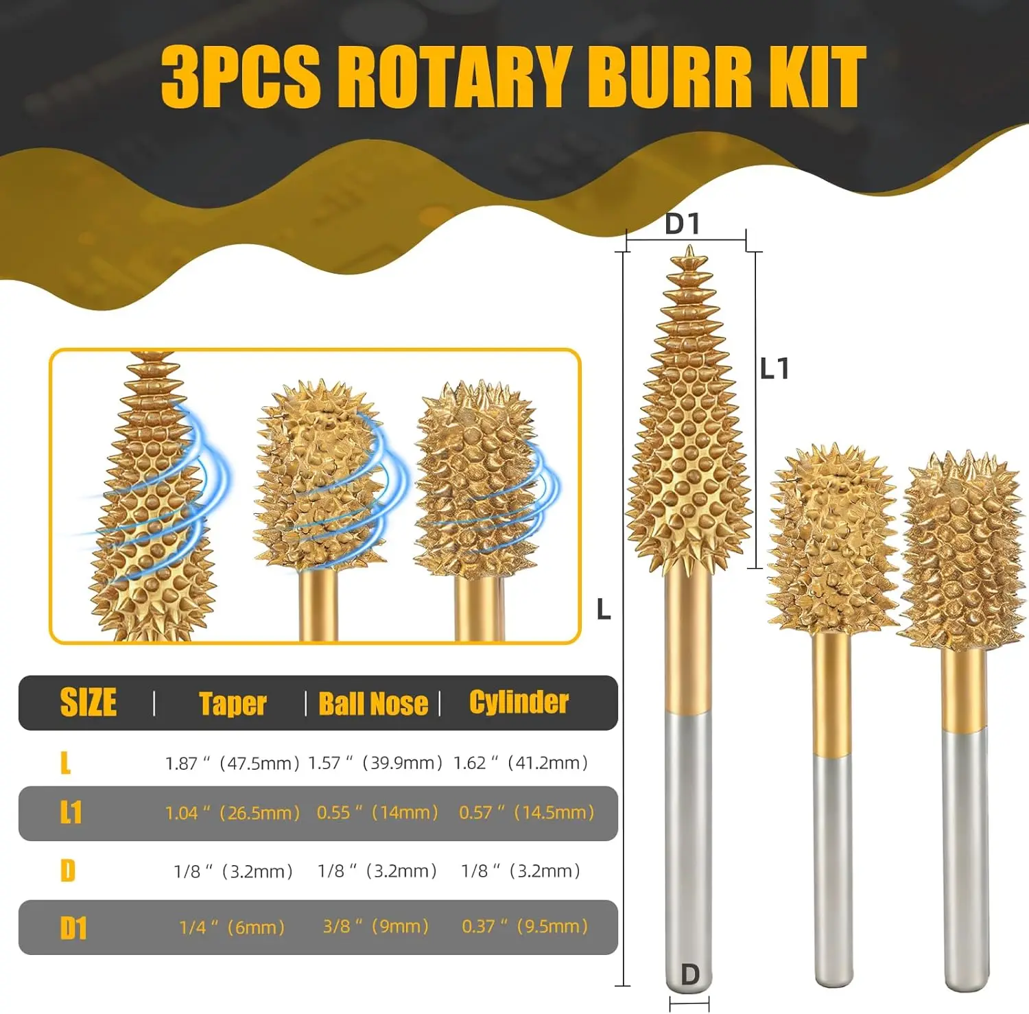 3pcs Titanium Coated Carbide Rotary Burr Set 1/8