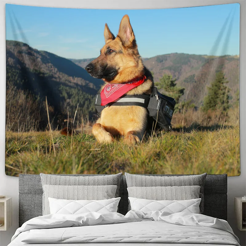 German Shepherd Dog With Red Bandana Mountain Scenery Wall Tapestry Machine Washable All SeasonPrint Realistic AnimalDesignHome