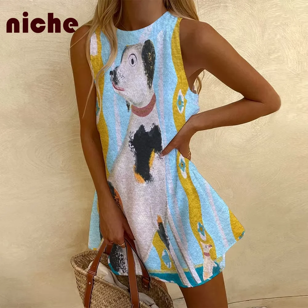 

Cute Puppy Graphic Print Women Sleeveless Dress Chic High Quality Cotton And Linen Trend Fashion 2024 New Beach Skirt