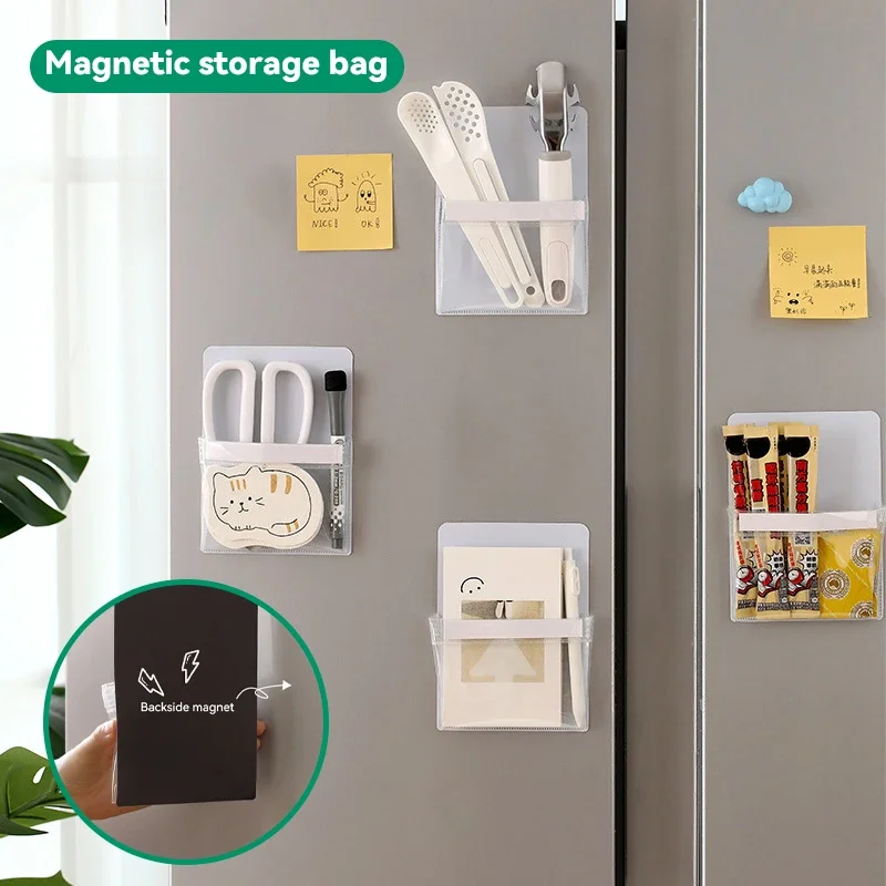 Fridge Magnet Organizer Transparent Storage Pouch Heavy Duty Magnetic Storage Bag for Refrigerator Microwave for Kitchen