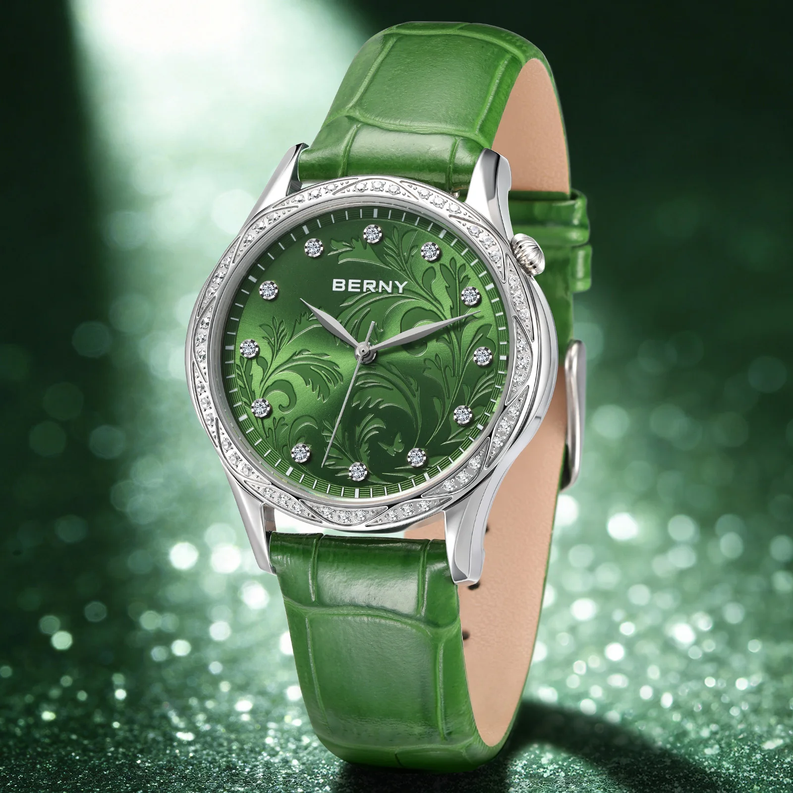 

Женские кварцевые часы BERNY с зеленым циферблатом в виде лепестков акантуса, золотым корпусом с бриллиантами, кожаным ремешком, роскошные элегантные женские наручные часы
