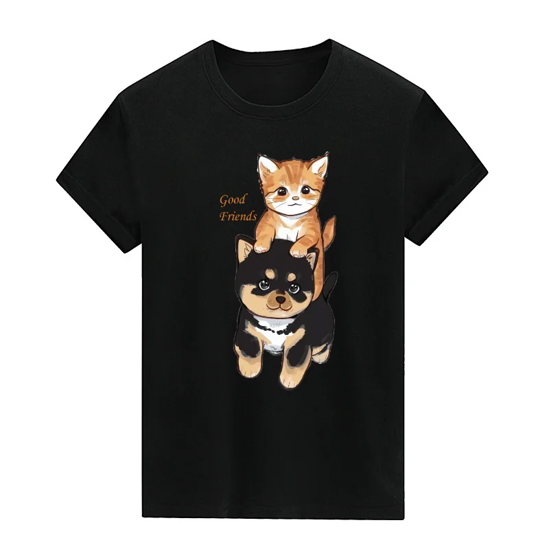 Cute Cat Print T-shirt Good Friends T-shirt 2024 New Fashion Aesthetic Creative Top Harajuku Cartoon Puppy Short Sleeve Tees