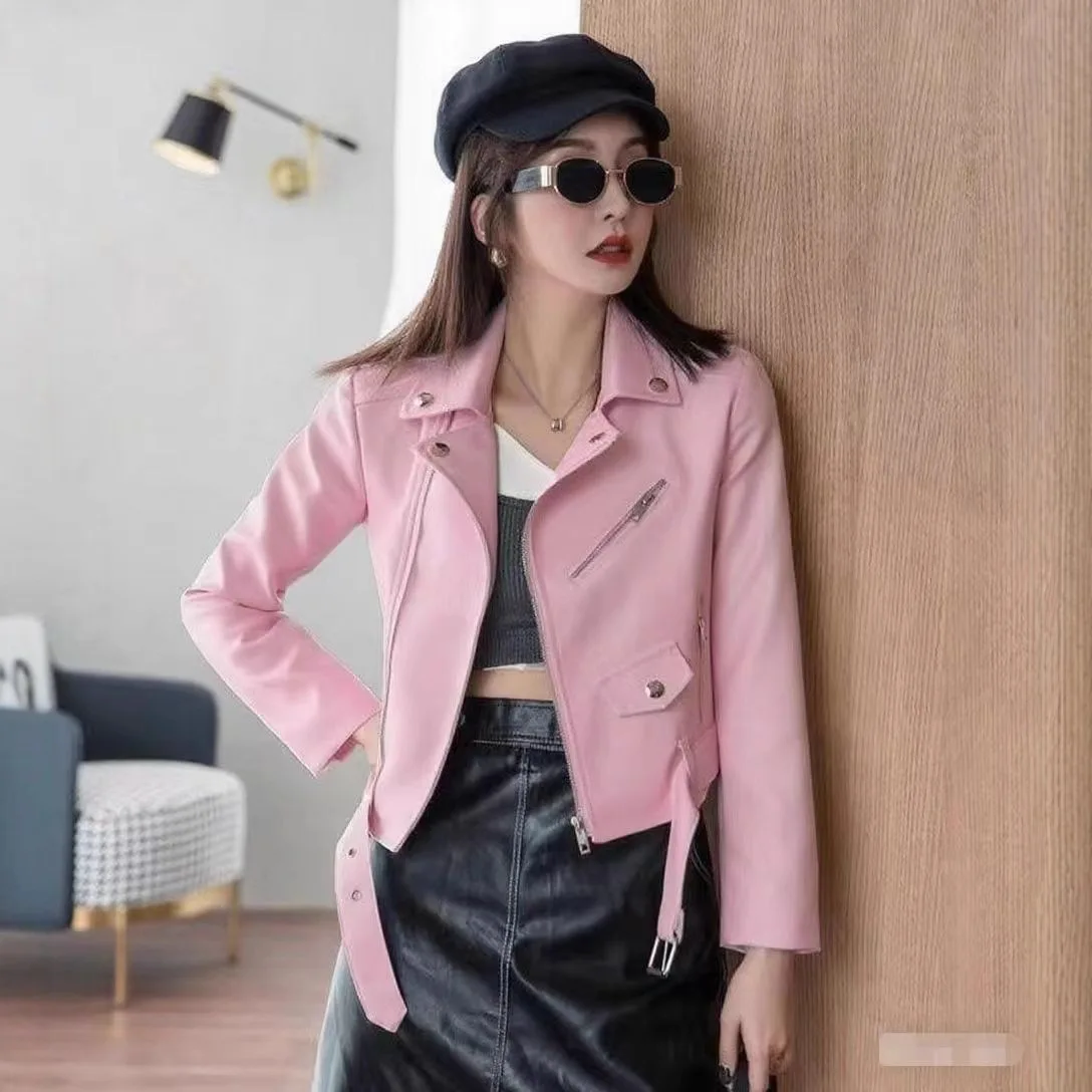 2025 New Women's Leather Jacket Spring Autumn Casual Slim Washed Zipper PU Leather Coat High End Locomotive Short Overcoat 5XL