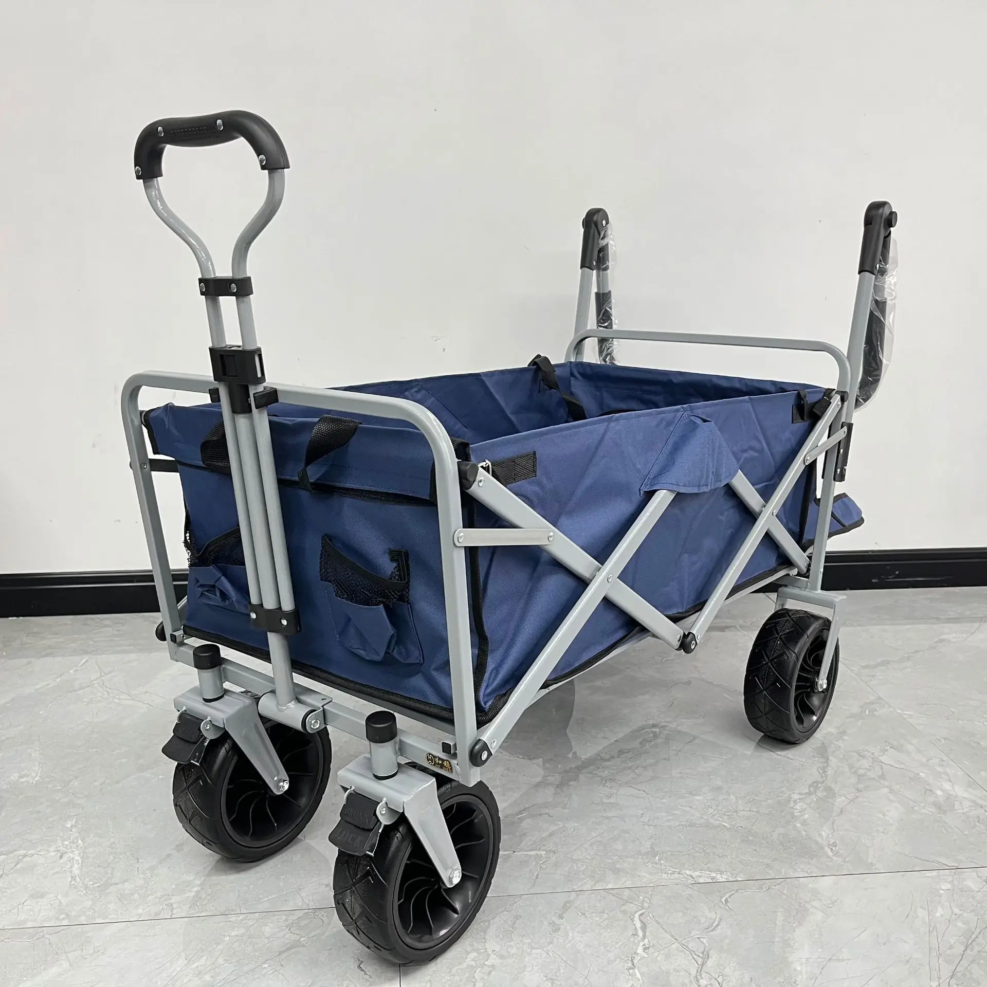 Children's Metal Four-Wheel Camping Wagon Extendable Handle Foldable Pull-along Cart Outdoor Grocery Use Larger Loading Space