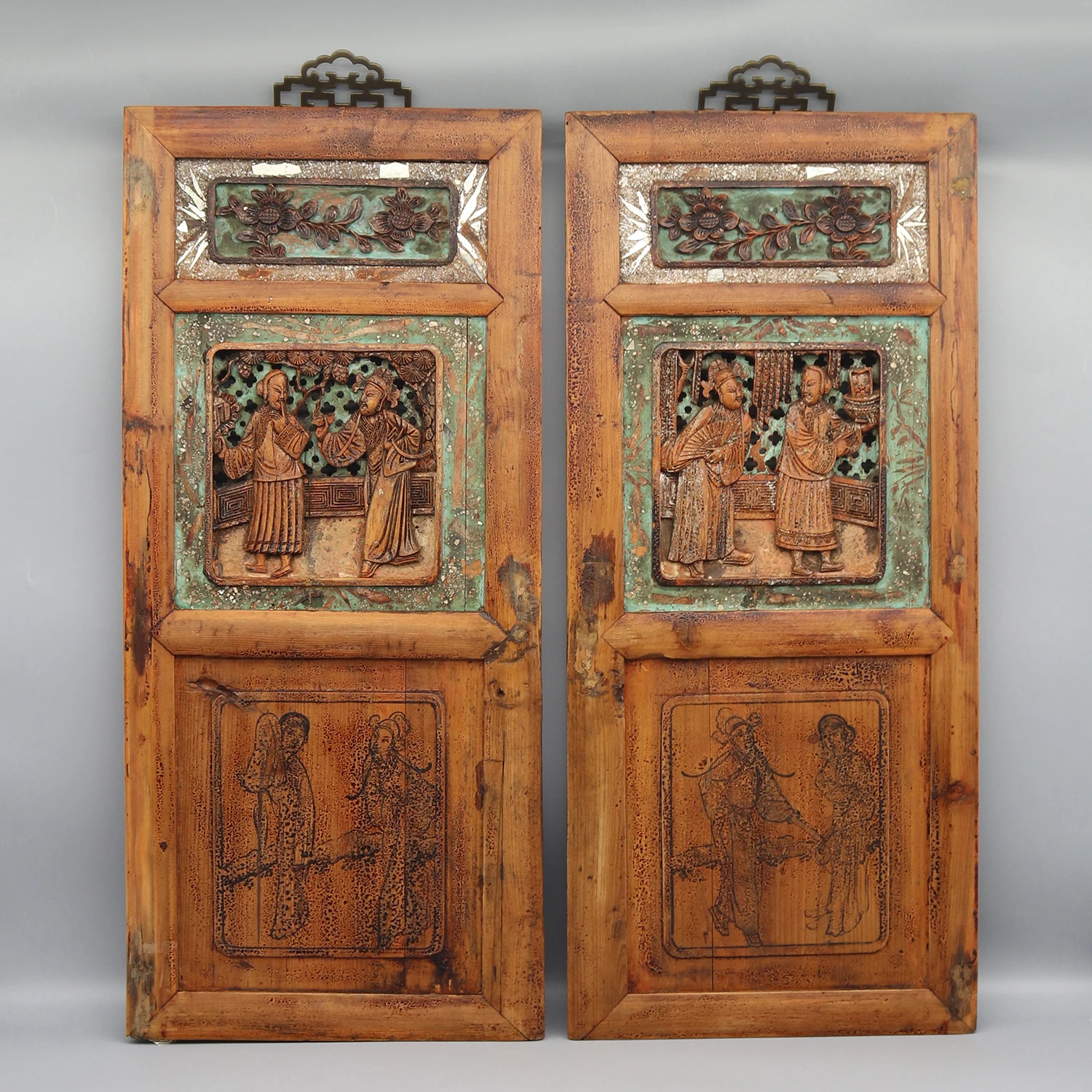 

Collectible Old Wood Carvings, Set of 2 Figurine Panels, Wall Decoration, Chinese Anique