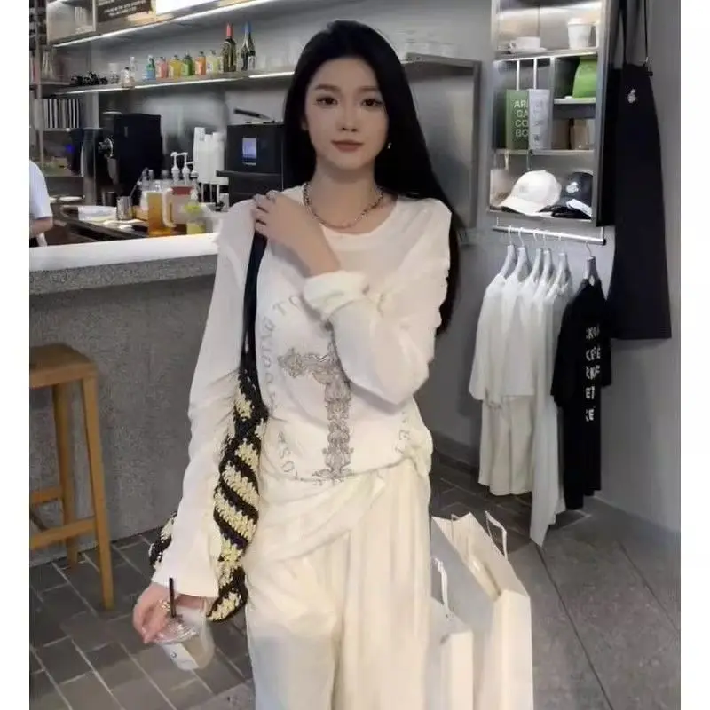 Summer Thin Long Sleeve T-Shirt Women's round Neck Cross Print Loose Fit White Sun Protection Korean Style Versatile Top