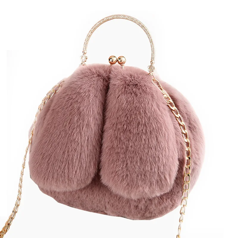 

Cute Fashionable Rabbit Ears Bag Imitated Rex Rabbit Fur Clip Mouth Packaging Dead Rabbit Bag Paragraph Shoulder Messenger Bag