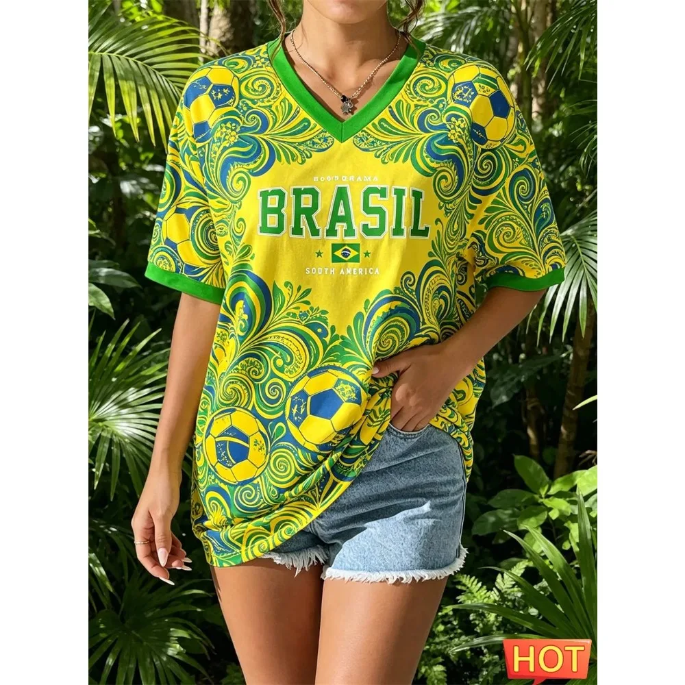 New Brazilian T-shirt Summer Women's V-neck T-shirt Brazilian Football T-shirt Yellow Gradient Women's Men's Quick Drying Tops