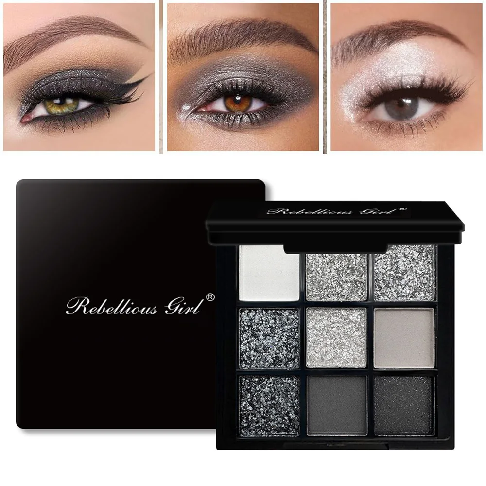 Paleta de sombras de ojos ahumadas de 9 tonos, gris oscuro, mate blanco-gris, tonos brillantes, acabado natural suave, maquillaje de festival, mate perla