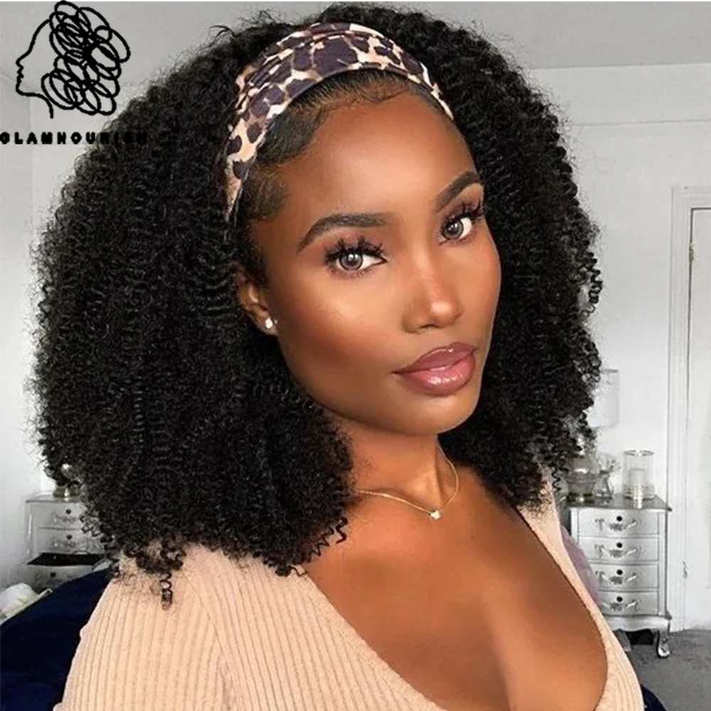 Afro Kinky Curly Headband Wig Human Hair 180% Density Brazilian  Human Hair Glueless Free Headband For Women Afro Curl Remy Hair