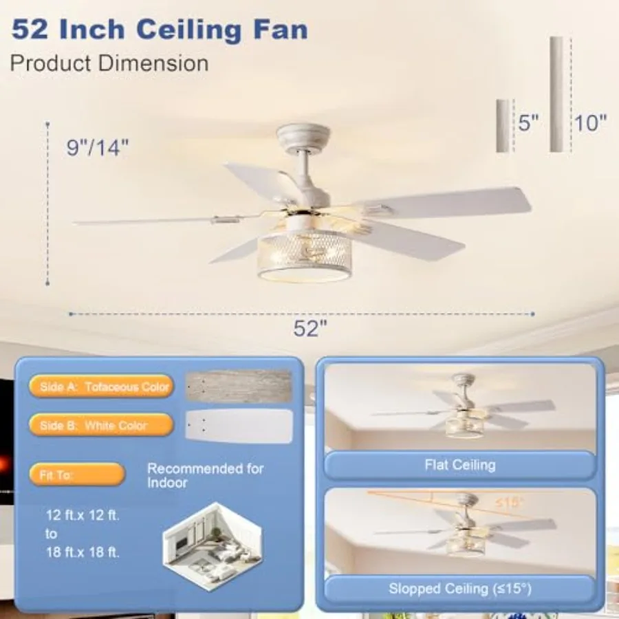 Rustic Ceiling Fan with Light: Quiet Ceiling Fans with 5 Blades Dual Finish Reversible - Farmhouse Ceiling Fan with Remote Cont
