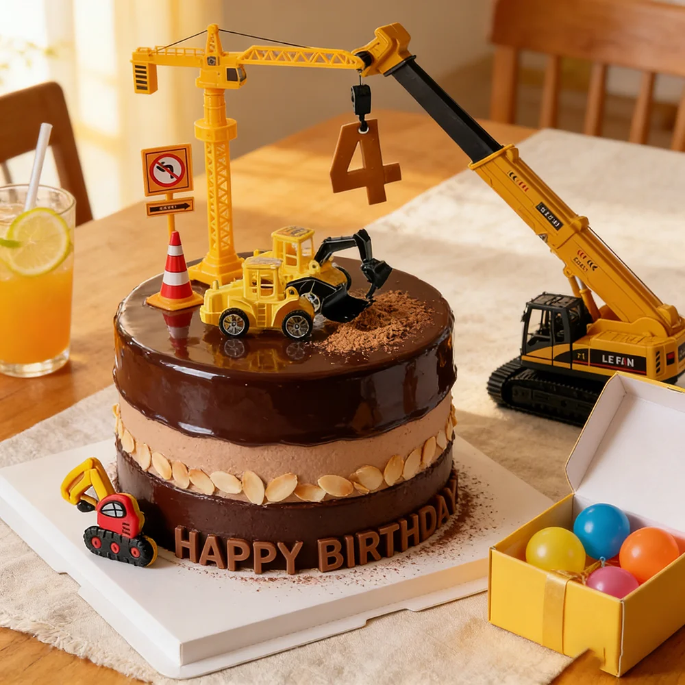 Décoration de gâteau sur le thème des engins de chantier (excavatrice, grues, bulldozer) pour le 1er anniversaire d'un garçon, accessoires de décoration de gâteau