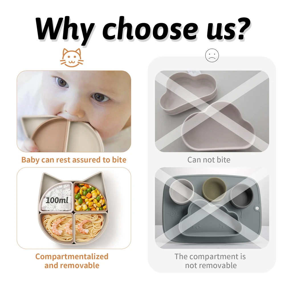 BPA-무료 실리콘 베이비 트레이 식품-학년 어린이 식기 및 고양이 디자인 분리 가능한 아기 식기