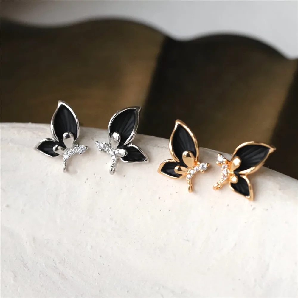 

Copper-plated Real Gold Temperament Dripping Oil Smart Black Butterfly Stud Earrings DIY Handmade Charm Accessories