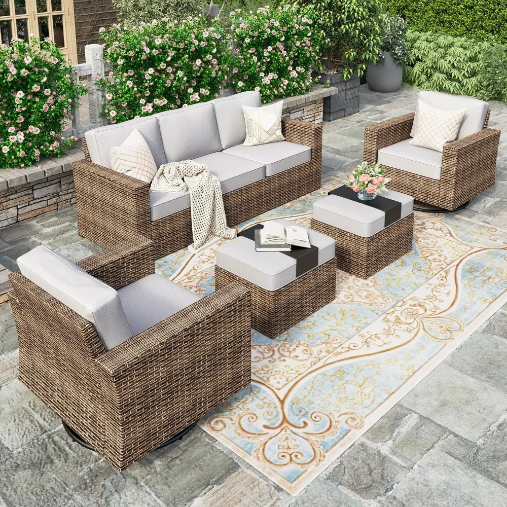 

Rotating Gliding Patio Furniture Set, 5-piece Outdoor Rattan Lounge Set, Yellow Rattan Sofa Chair