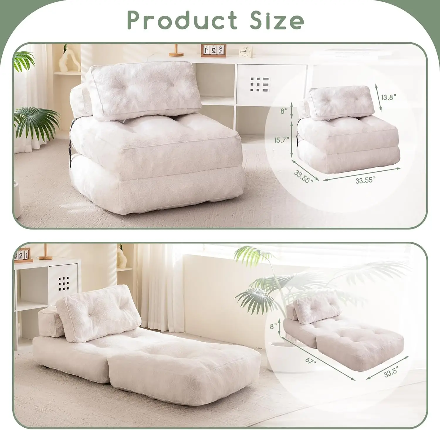 Folding Couch Sofa Bed, Convertible Sleeper Chairs with Back Support, Portable Fold Out Chair Bed Floor Mattress with Pillow