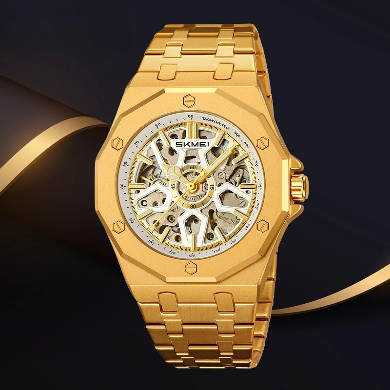 Luminous Automatic Skeleton Watch: Stainless alloy Waterproof Men's Chronograph with Transparent Back for Business & Night Style