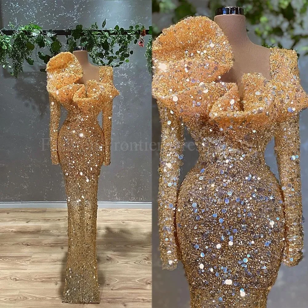Exquisite Long Sleeve Prom Dresses Ruched Beading Sequined Mermaid Floor Length Evening Gowns For Special Occasions Party