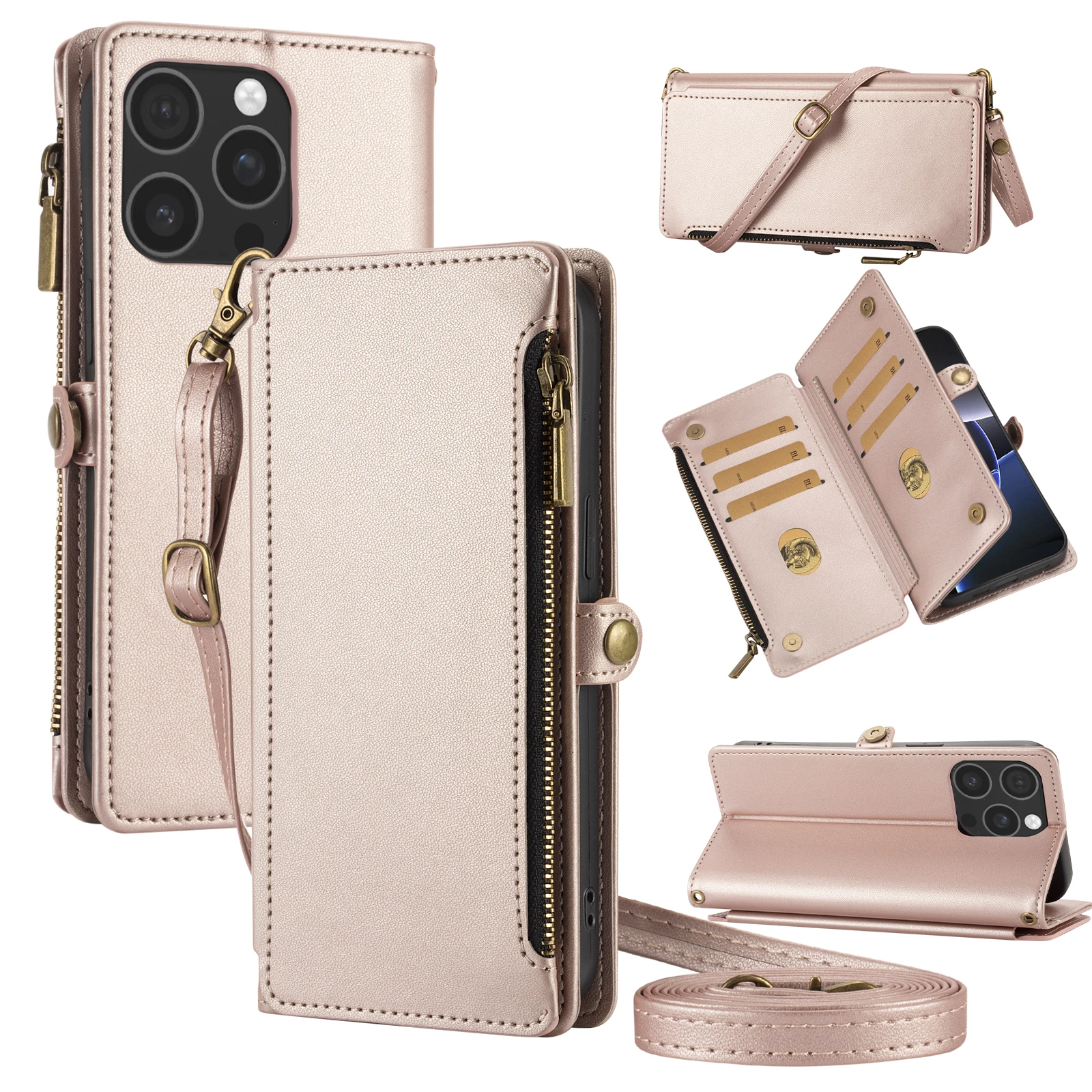 Handyhülle im Wallet-Stil mit mehreren Kartenfächern und langem Riemen zum Umhängen, Schutzhülle mit Reißverschluss für Münzen, Kunstleder-Schutzhülle für iPhone 17 Pro Max/16/15/14/13 – Detail 2