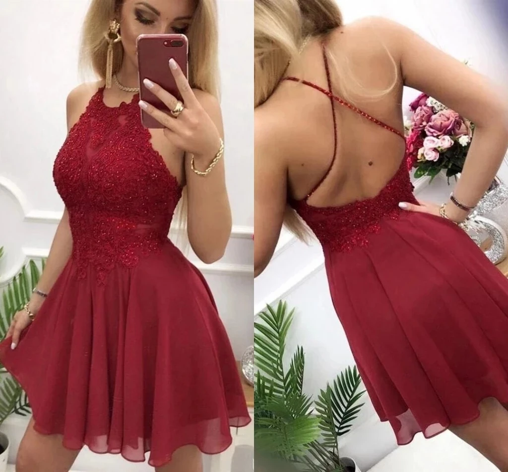 

ANGELSBRIDEP Burgundy Short Homecoming Dresses Sexy High Neck Chiffon Skirt Criss-Cross Cocktail Graduation Prom Party Gown