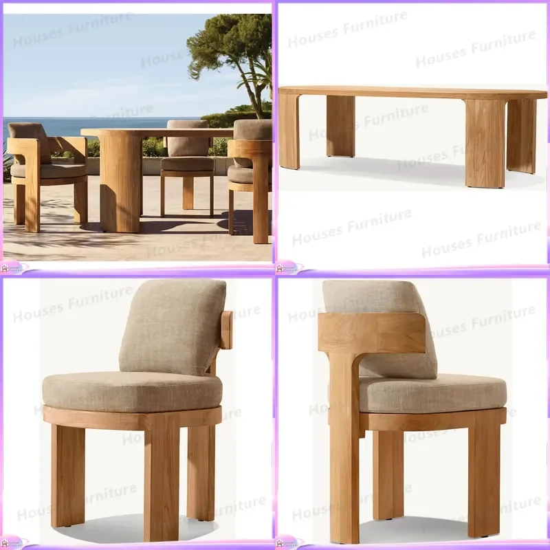 Modern Outdoor Dining Set Blue Green Wood Frame Luxury Terrace Table and Chairs Garden Patio Furniture Waterproof Rattan