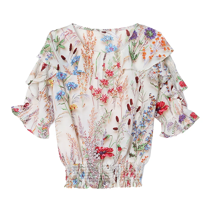 Korean Half Sleeve Ruffels Casual shirt Patchwork Floral Printed Tops 2024 New fashion Summer Women Chiffon Blouse