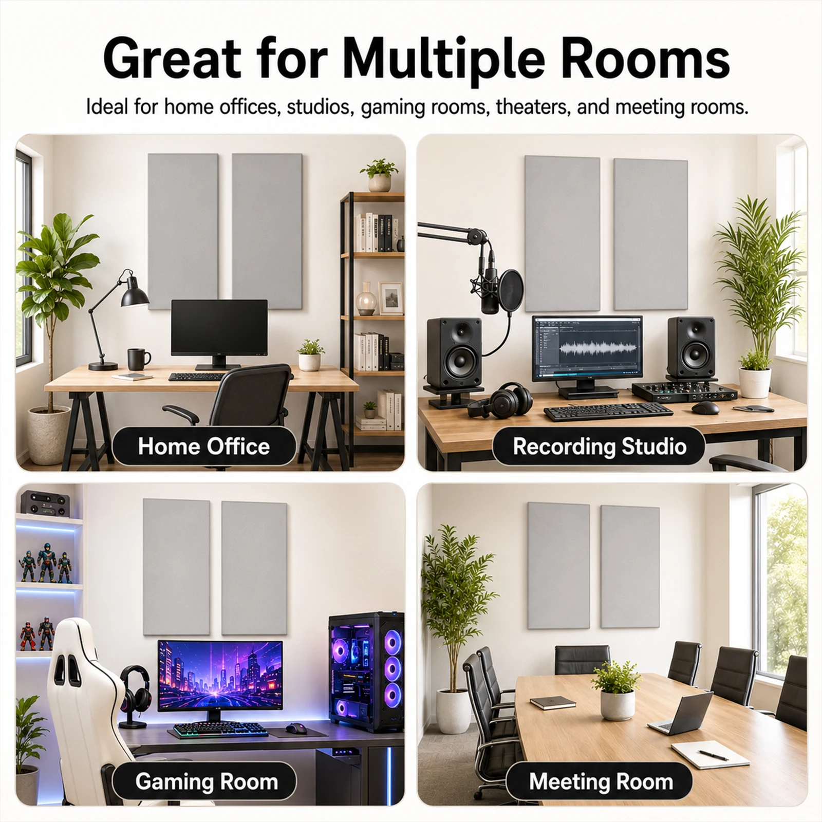 Pacote com 2 Painéis Acústicos de 47,2x23,6 Polegadas, Grandes Painéis de Fibra de Vidro Revestidos com Tecido para Absorção de Som, Tratamento Acústico para Estúdio de Gravação, Home Theater, Escritório e Sala de Conferências